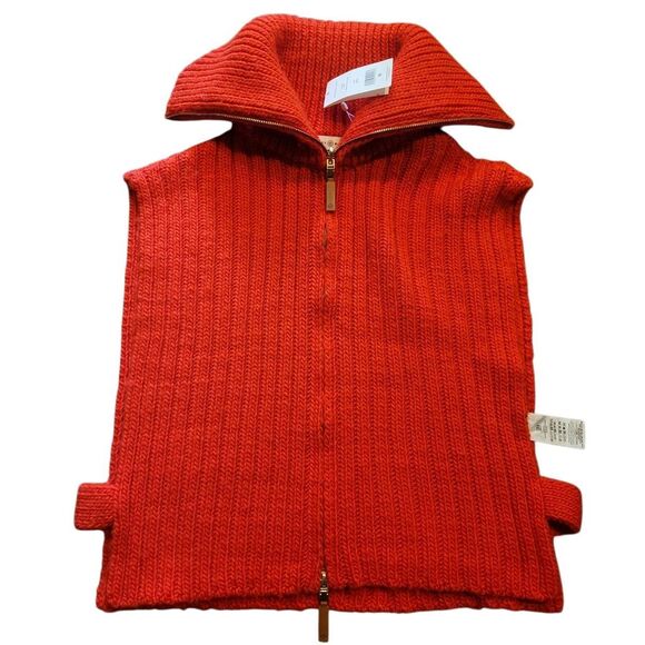 NWT Tory Burch Sweater Women's Large Vibrant Red Wool Dickie Zip Front - Picture 2 of 6